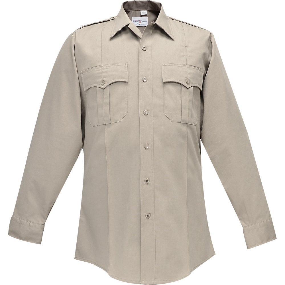 Product shot of a tan Flying Cross long-sleeve shirt featuring two chest pockets, button-down front, and long cuffs.