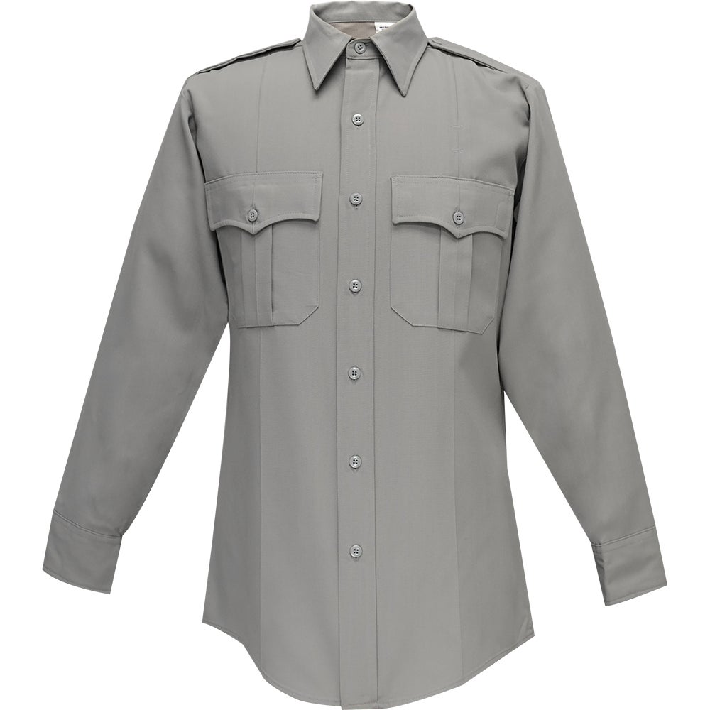 Product shot of a grey long-sleeve button-down shirt with two chest pockets and button cuffs showing subtle texture and a tailored fit against a white background