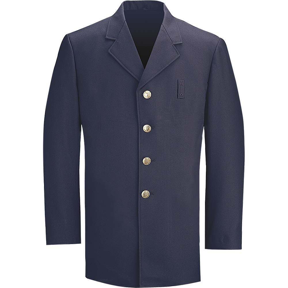 Product shot of a navy blue uniform jacket featuring gold buttons a small emblem and a notched collar