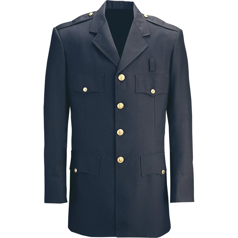 Product shot of a navy blue military-style jacket featuring gold buttons flap pockets and epaulets