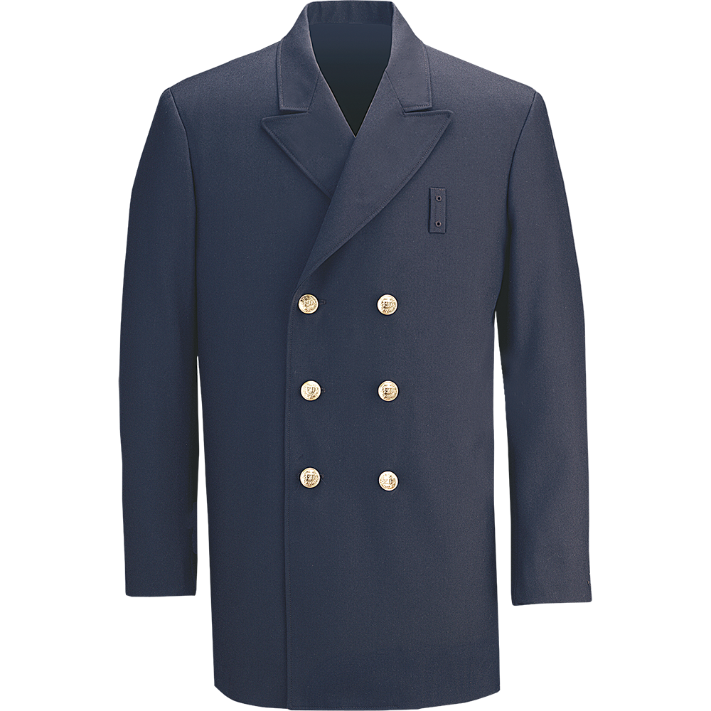 Product shot of a dark blue double-breasted Pea Coat featuring six gold buttons a small emblem and a notched lapel