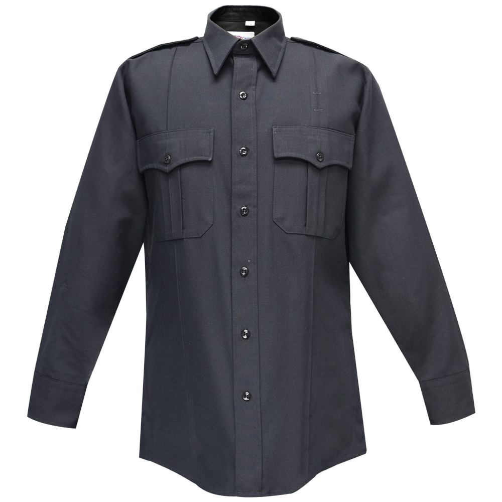 Product shot of a dark-grey long-sleeved uniform shirt with two breast pockets and black buttons featuring a crisp collar and tailored fit
