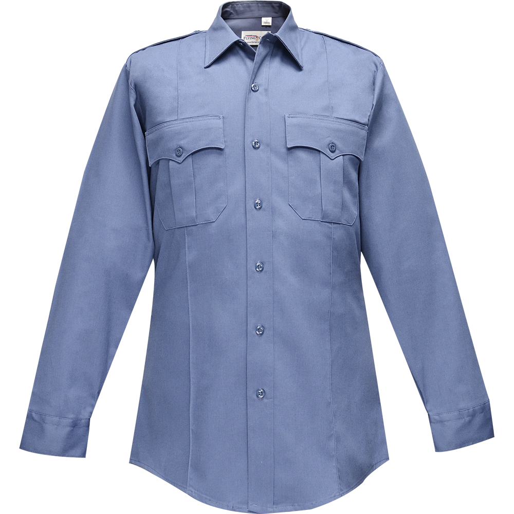 Product shot of a Flying Cross long-sleeve shirt featuring a muted blue hue, two chest pockets with flaps, and clear plastic buttons