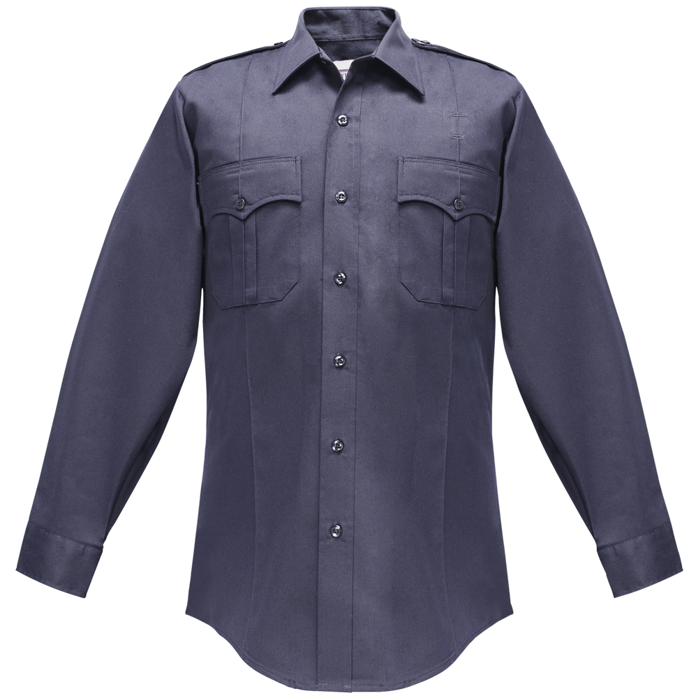 Product shot of a dark gray long-sleeved uniform shirt featuring two breast pockets and a button-down front with dark buttons and cuffs