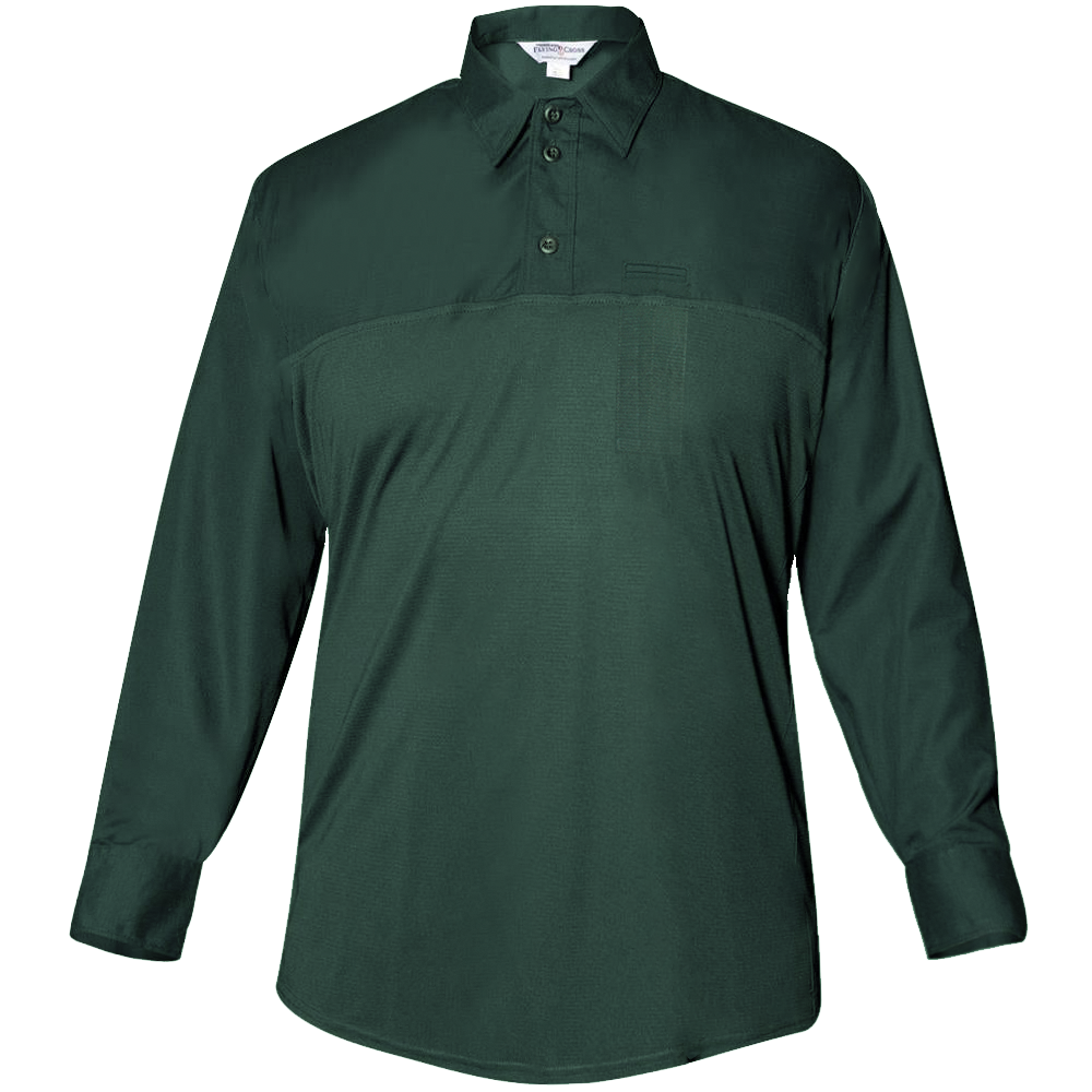 Product shot of a dark green long sleeve polo shirt with a contrasting collar and a small chest pocket featuring a button placket and subtle textural details