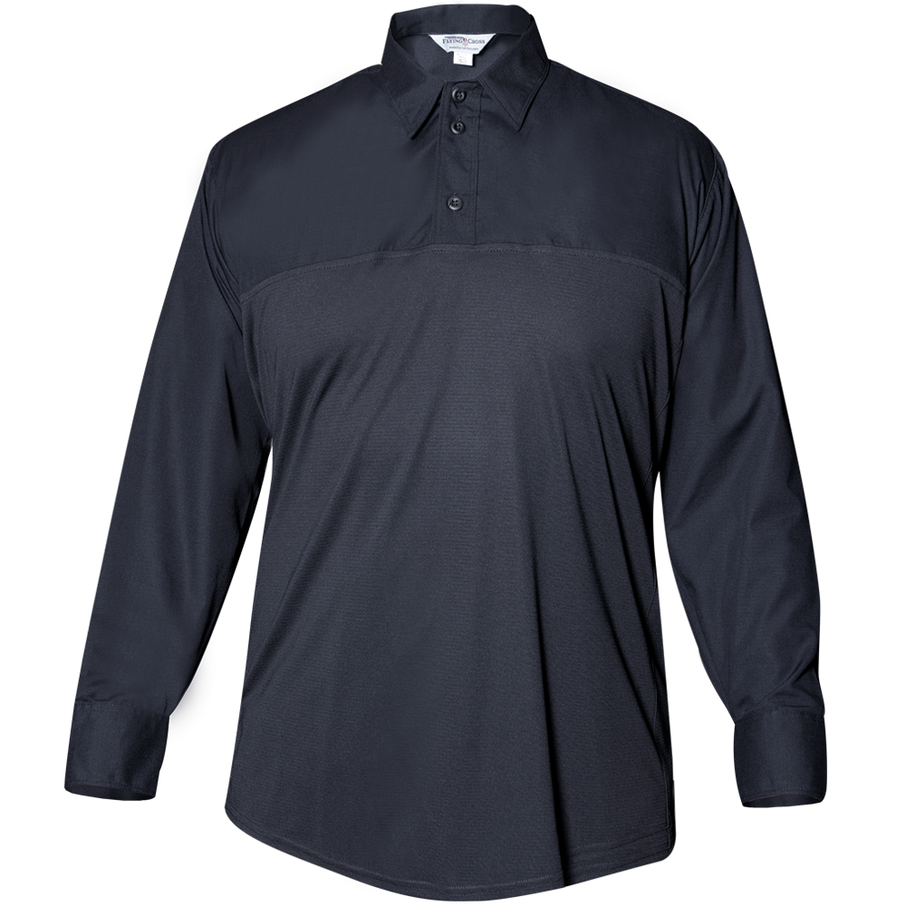 Product shot of a dark navy blue long sleeve performance polo shirt with a contrasting yoke and button placket showing subtle texturing and a small brand label