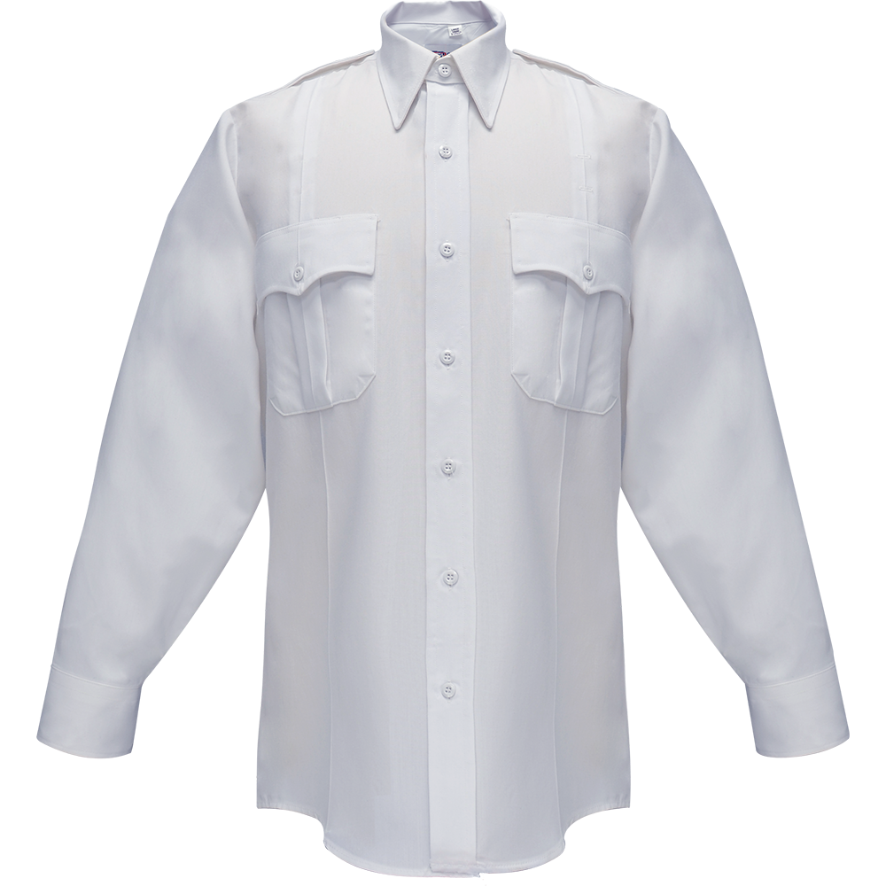 Product shot of a long-sleeved white uniform shirt featuring two breast pockets with button flaps and a crisp collar showcasing its wrinkle-resistant fabric and subtle sheen