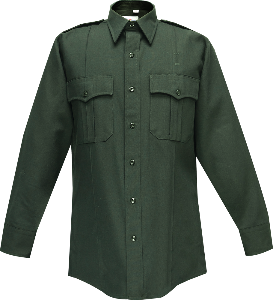 Product shot of a dark green long-sleeved uniform shirt featuring two breast pockets and black buttons showcasing a professional and durable design