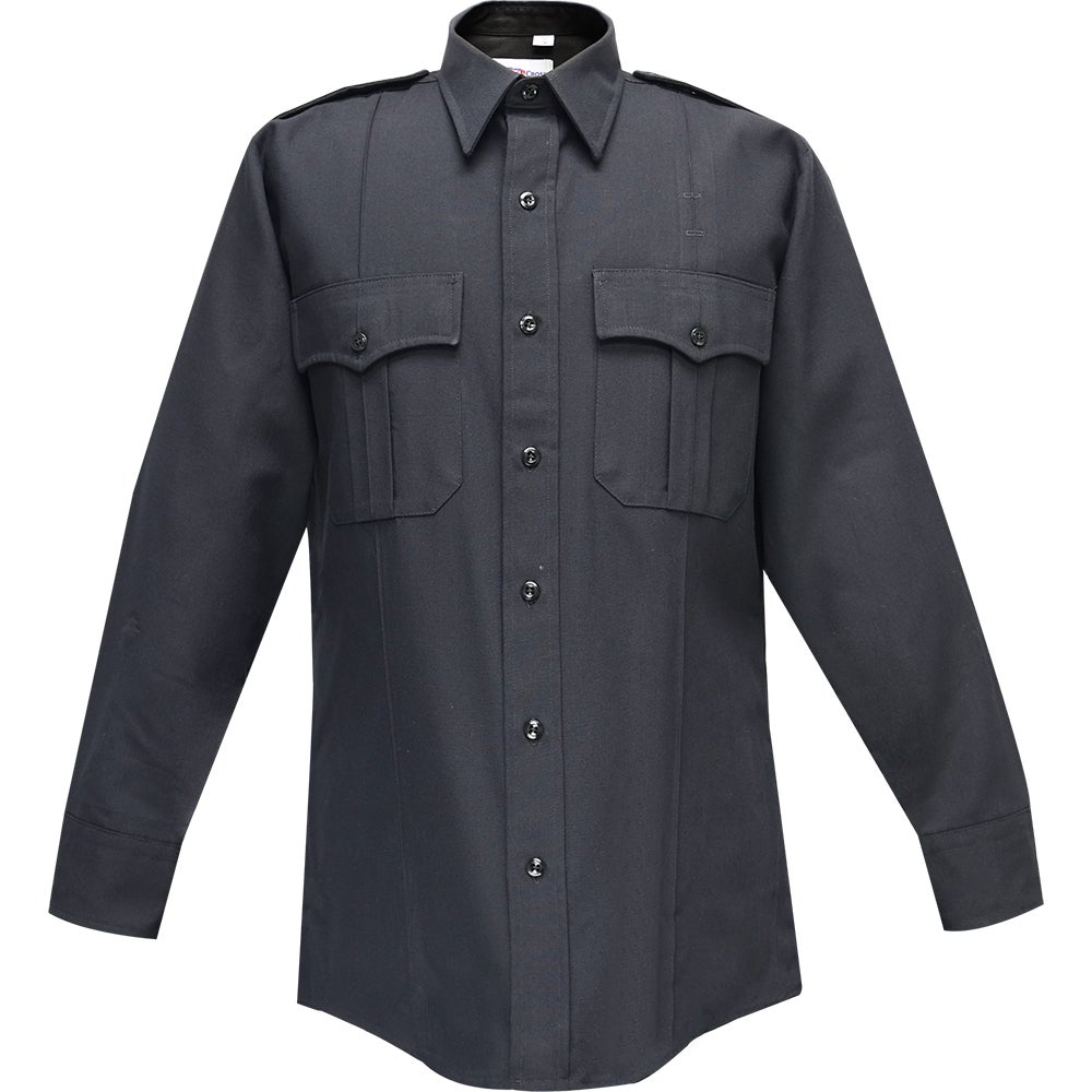Product shot of a dark navy blue long-sleeved uniform shirt featuring button-down collar, two chest pockets with flaps, and black buttons showcasing a professional and durable design