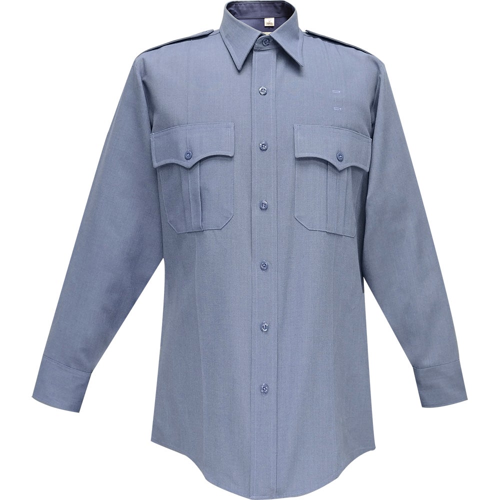 Product shot of a long-sleeved, light-blue uniform shirt featuring two pleated breast pockets, a button-down collar, and dark-blue buttons against a white background