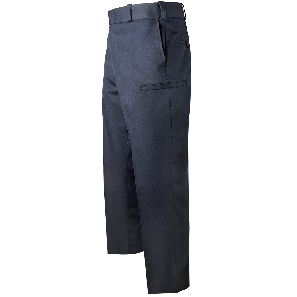 Product shot of navy blue uniform pants featuring a belt loop, a side pocket, and a hidden back pocket showcasing a crisp crease and subtle texture