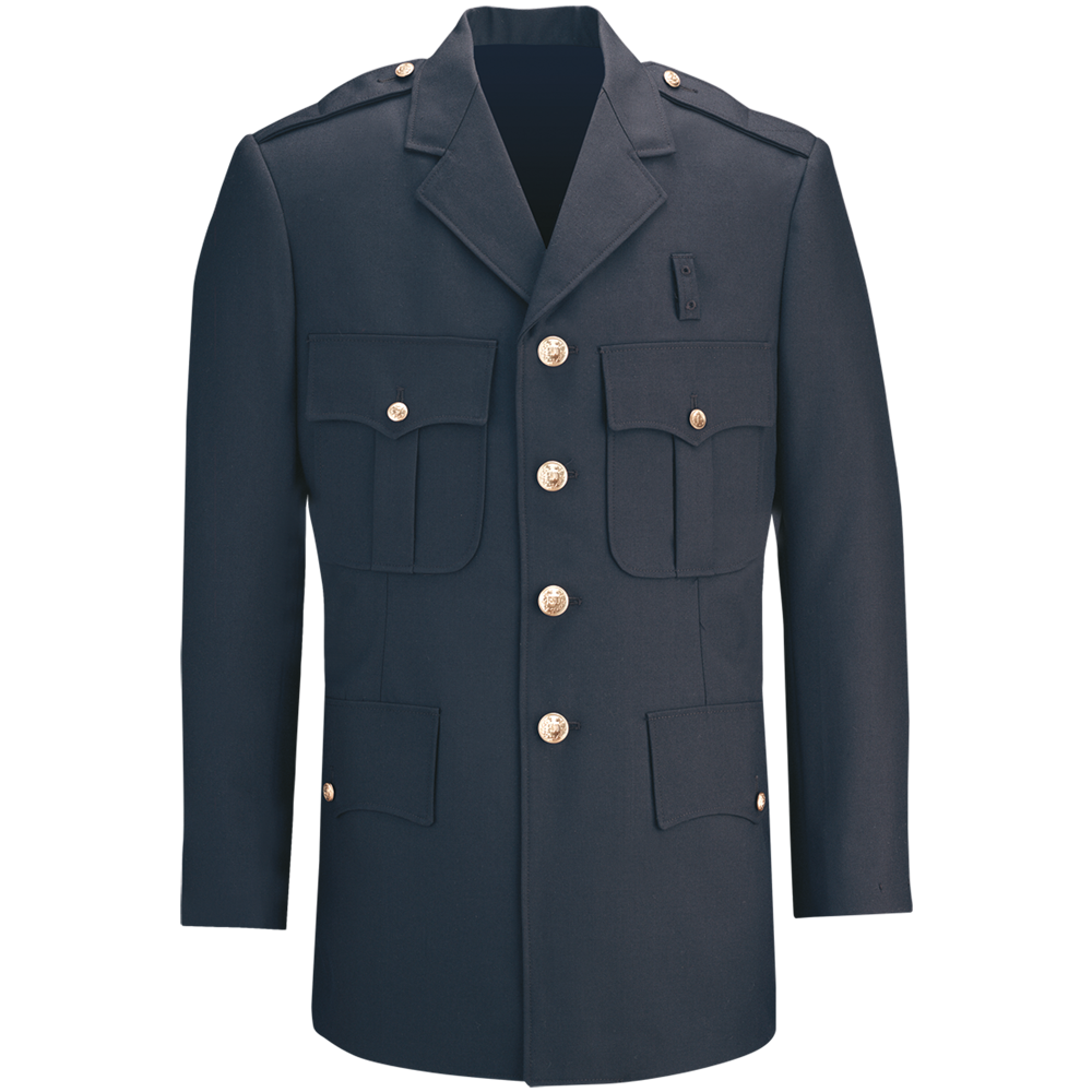 Product shot of a dark navy blue military-style jacket with brass buttons and flap pockets showcasing gold colored insignia details