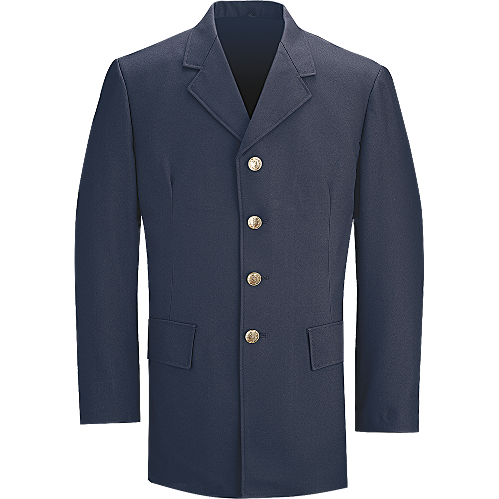 Product shot of a dark blue uniform jacket with gold buttons and welt pockets on a white background