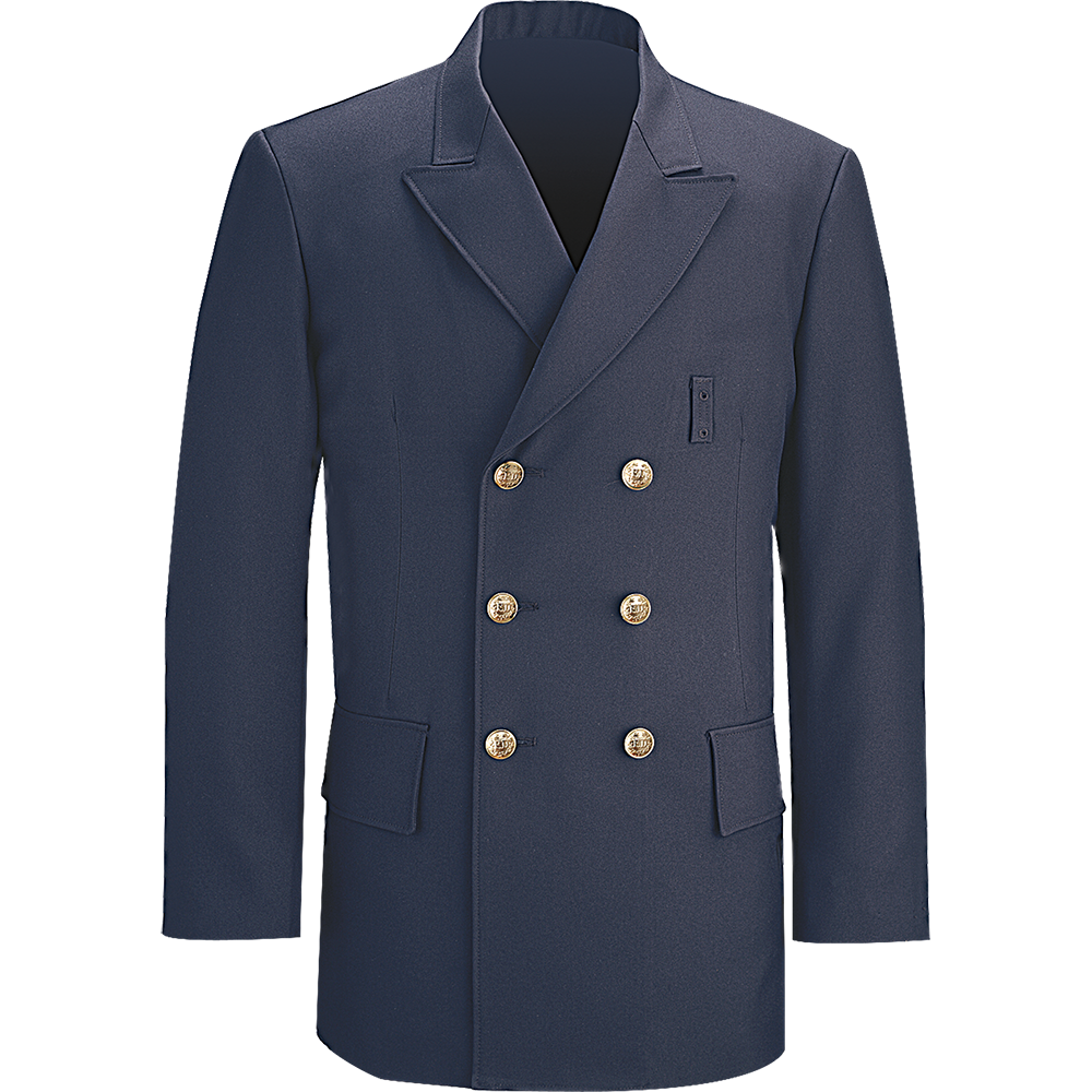 Product shot of a navy blue double-breasted peacoat featuring six gold buttons, patch pockets, and a small loop detail on the chest