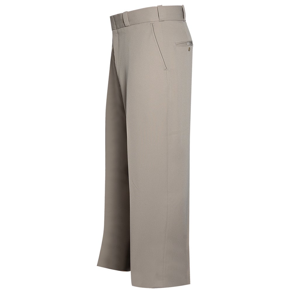 Product shot of beige men's dress pants featuring a flat front a welt pocket and a subtle crease showcasing a tailored fit