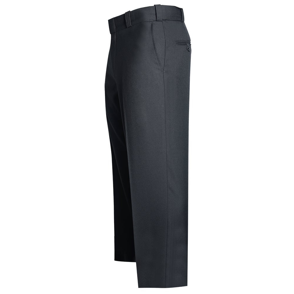 Product shot of dark navy men's trousers showing a side view with a visible belt loop and a single welt pocket featuring crisp creases and a subtle sheen