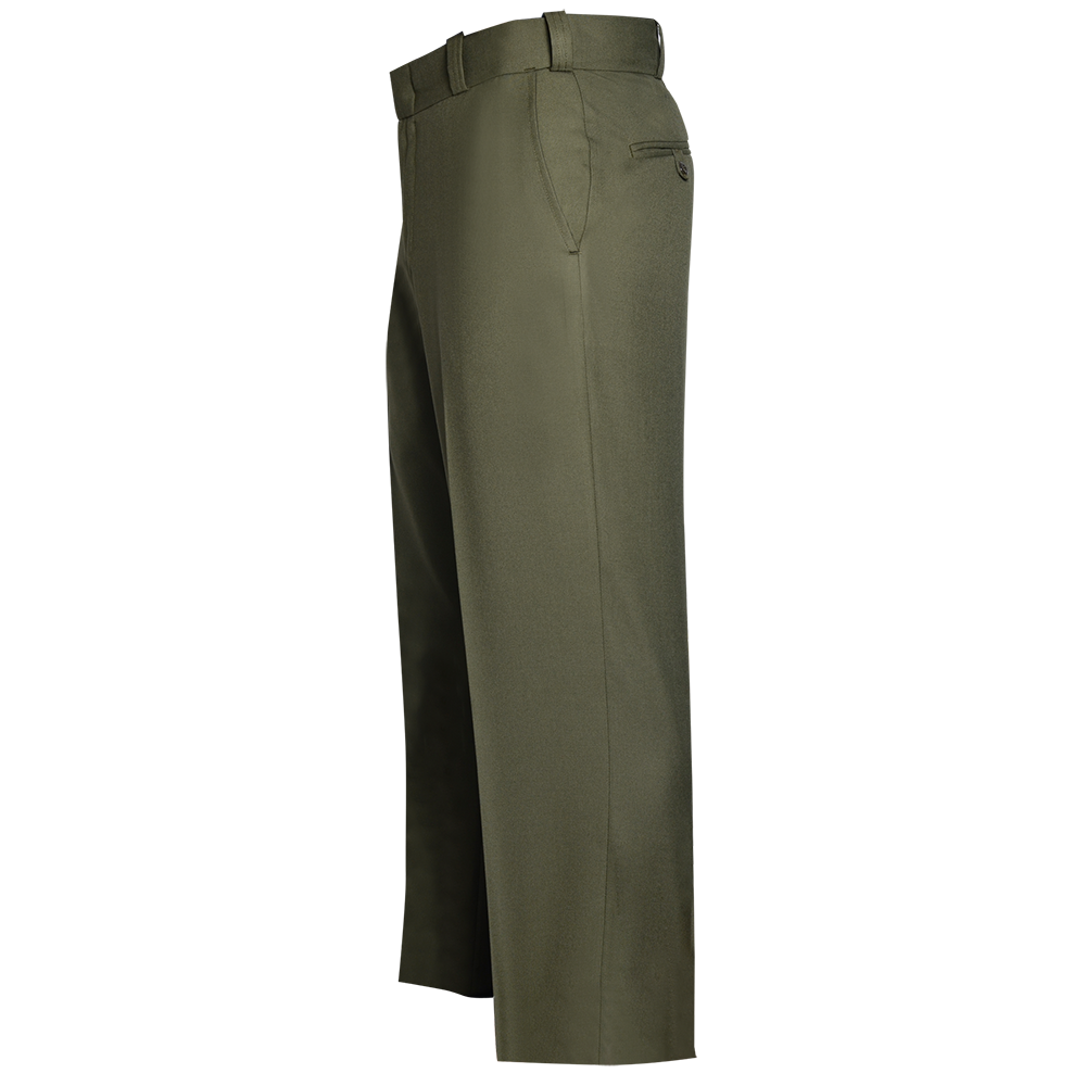 Product shot of olive green work pants showing a center crease a back pocket and a flat front