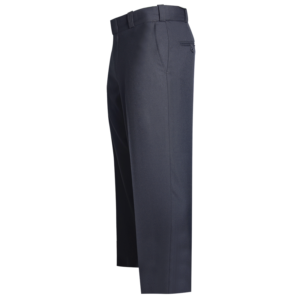 Product shot showing dark navy men's dress pants with a front pleat and a back pocket displaying subtle texture and a clean crease