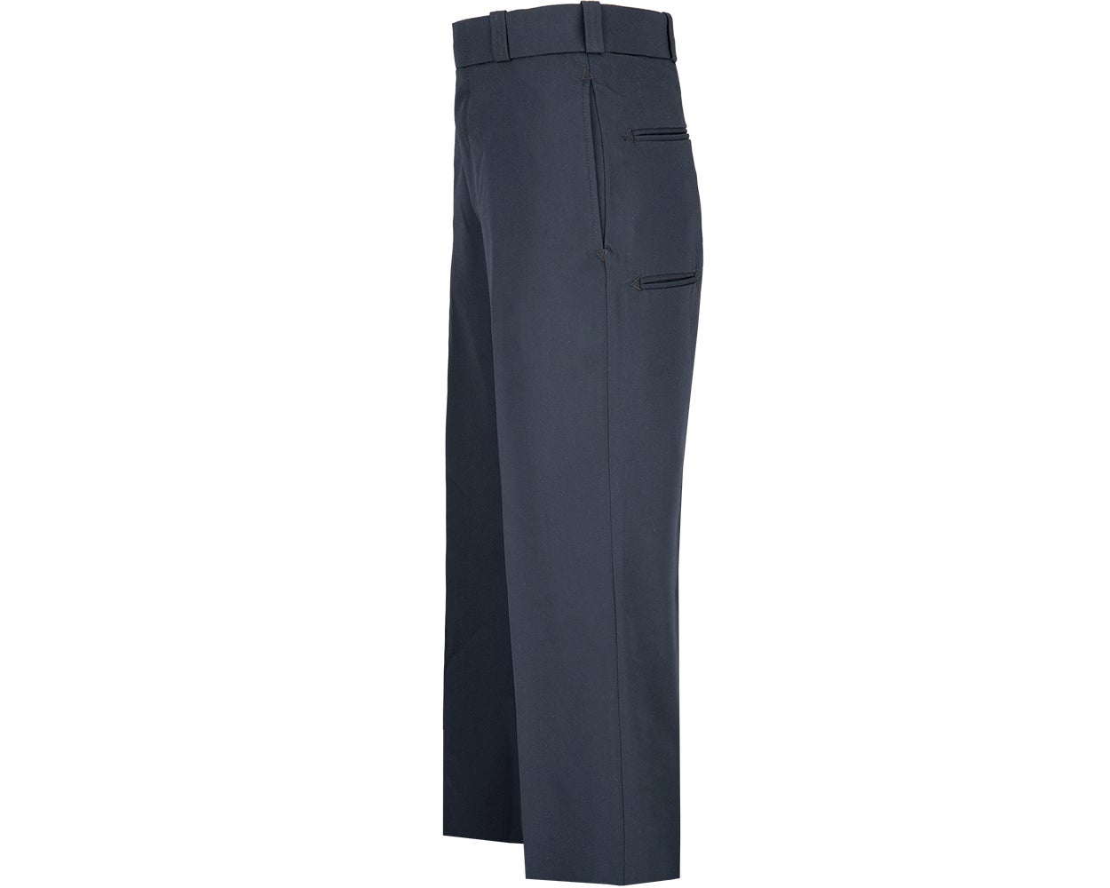 Product shot of dark navy blue pants featuring a tailored fit, a center crease, and two zippered pockets on the side