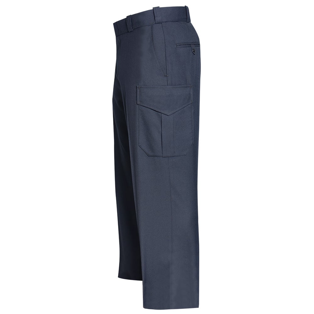 Product shot of dark navy blue cargo pants featuring a belted waist, a side cargo pocket with flap, and a back welt pocket showcasing a crisp crease and subtle texture
