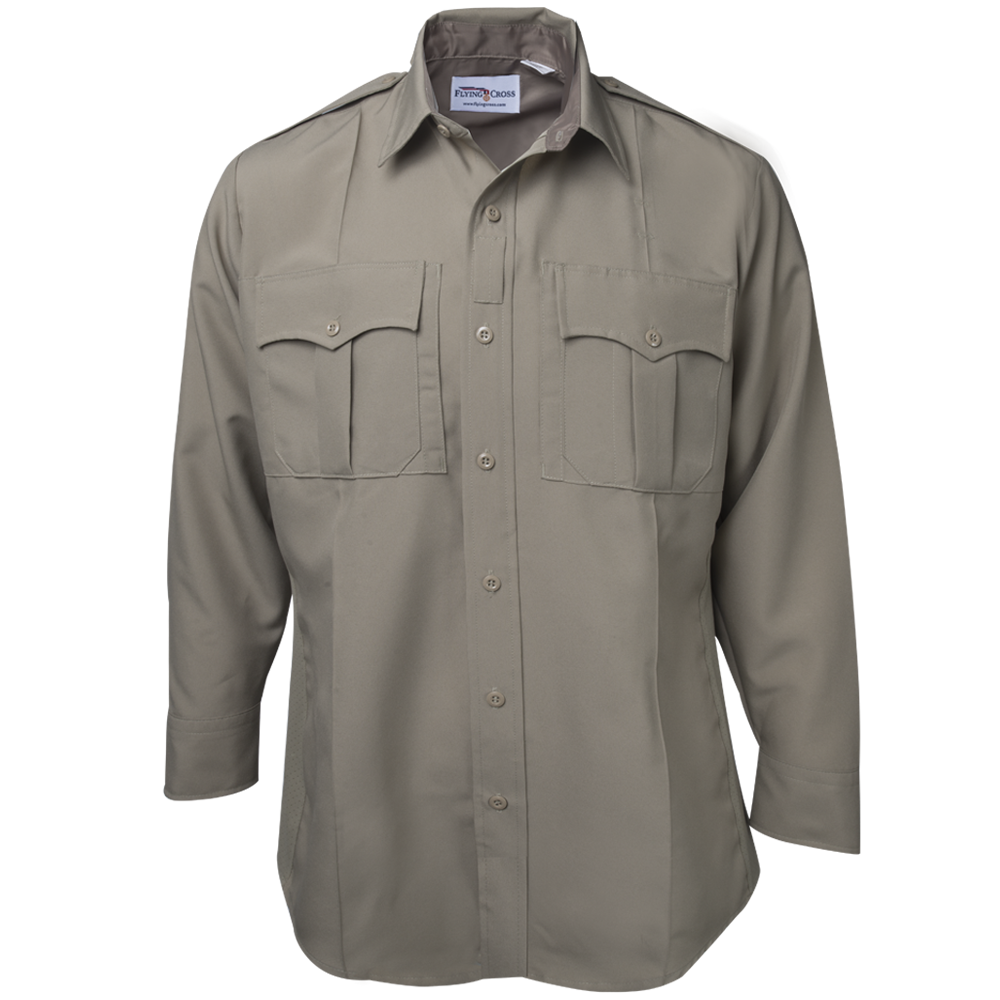 Product shot of a tan Flying Cross long-sleeve shirt featuring buttoned chest pockets and a subtle sheen showing a full frontal view of the garment