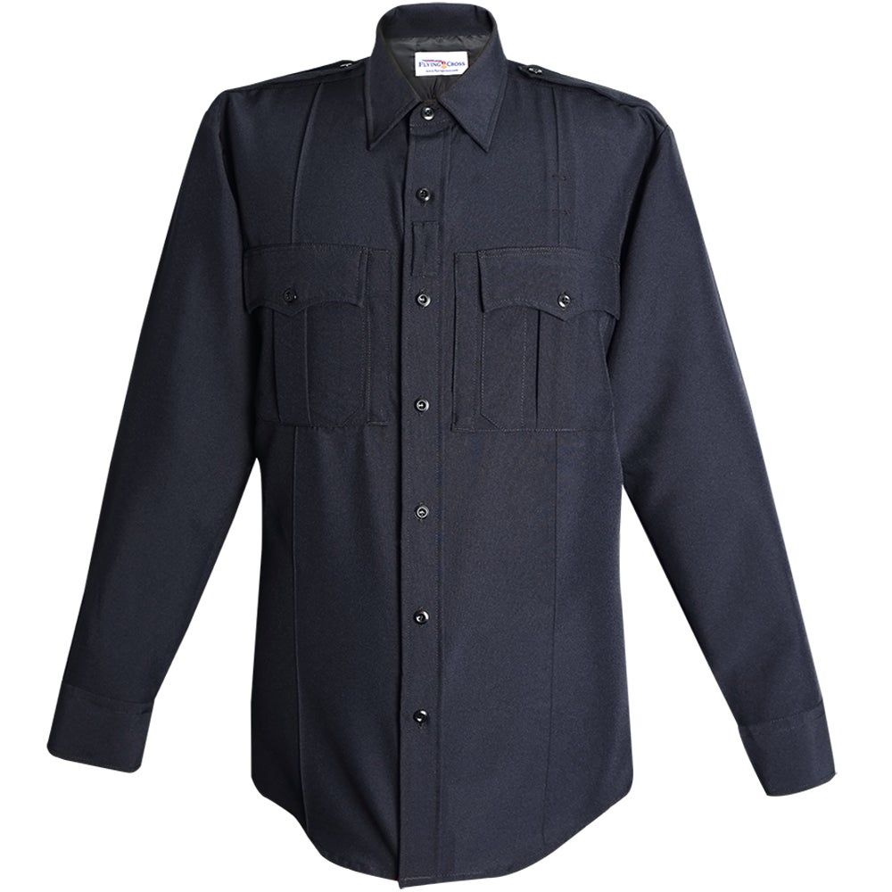 Product shot of a Flying Cross navy blue long-sleeve uniform shirt featuring two chest pockets, button-down front, and reinforced stitching