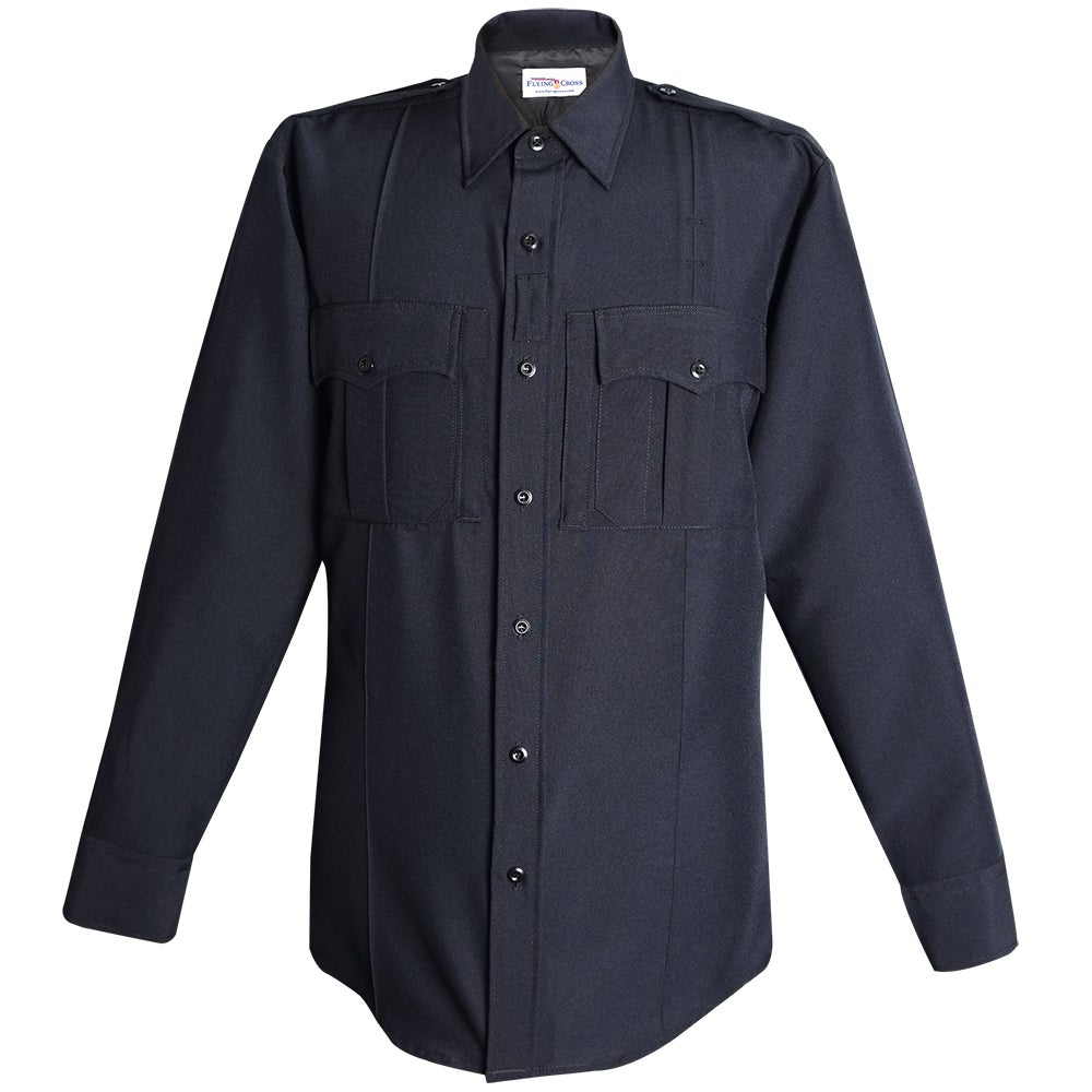 Product shot of a dark navy blue First Cross long-sleeve uniform shirt featuring two chest pockets, button closures, and long sleeves with buttoned cuffs