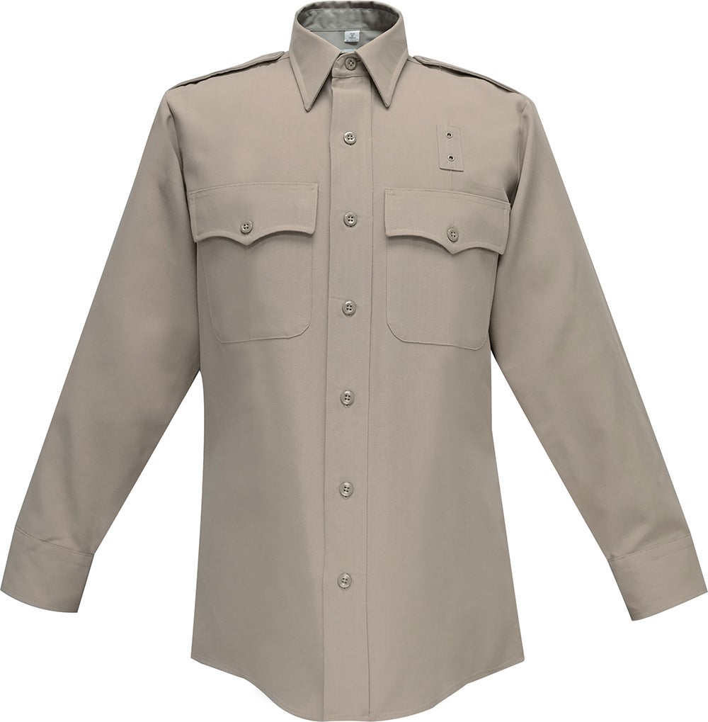 Product shot of a tan long-sleeved button-down shirt with two breast pockets and epaulets featuring a subtle texture and a full-button placket showing the shirt's details