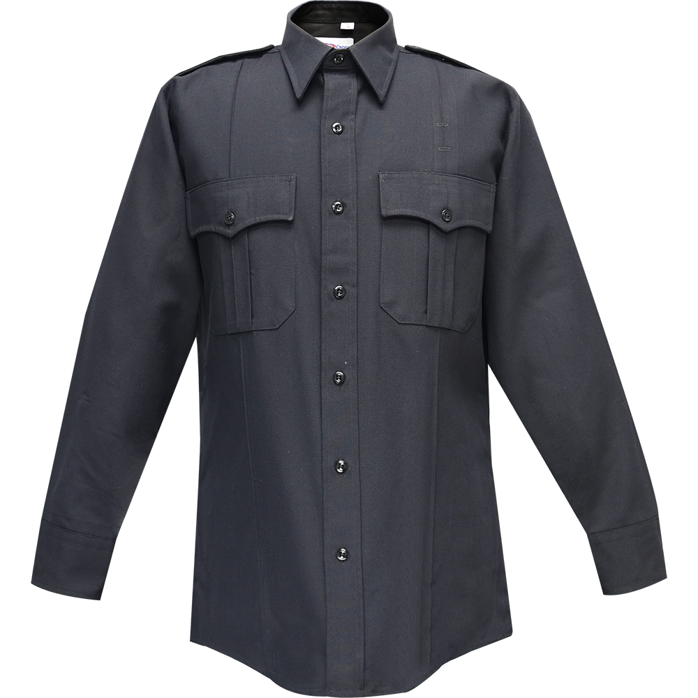 Product shot of a dark gray long sleeve uniform shirt with epaulets and button-down flap pockets featuring a crisp collar and black buttons