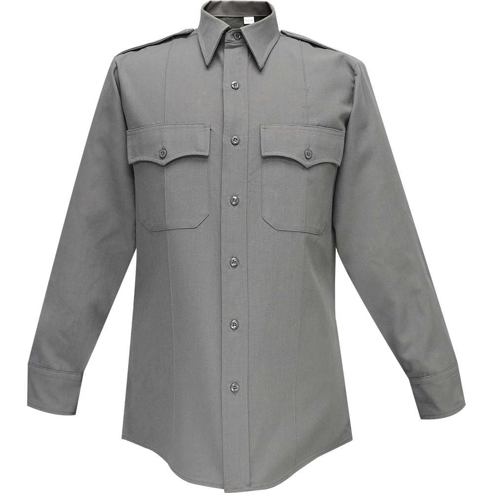Product shot of a gray long-sleeved shirt with two chest pockets and button closures featuring a classic collar and subtle texture