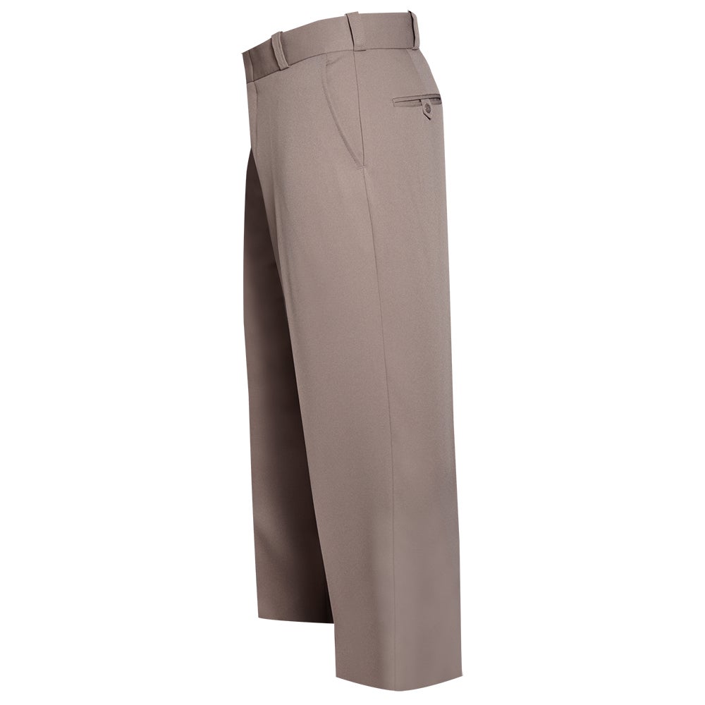 Product shot of taupe men's dress pants featuring a belt loop, button closure, and a single welt pocket showcasing subtle texture and a tailored fit