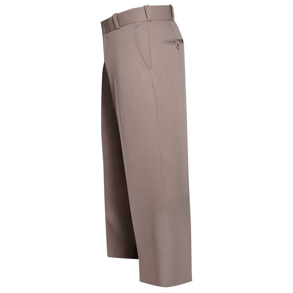 Close-up of taupe fabric men's dress pants showcasing a neat front pocket and subtle belt loops highlighting the smooth texture and clean lines of the garment