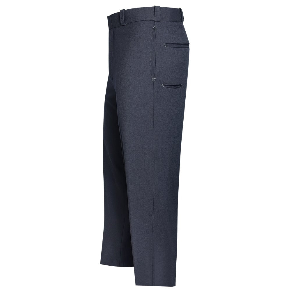 Product shot of dark-navy trousers featuring a center crease, two slanted welt pockets, and subtle stitch detailing