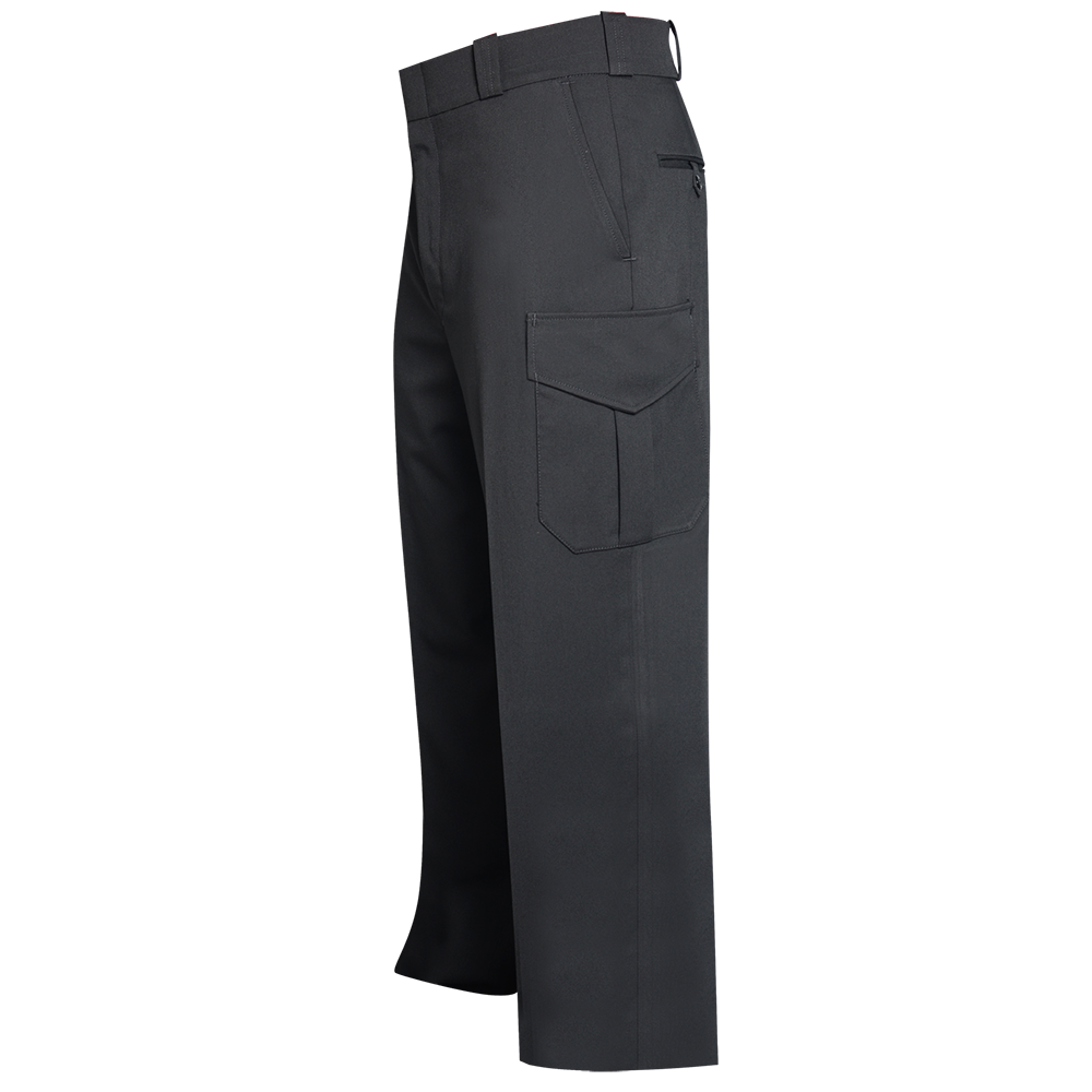 Product shot of black tactical pants featuring a large cargo pocket, a zippered pocket, and a sturdy waistband