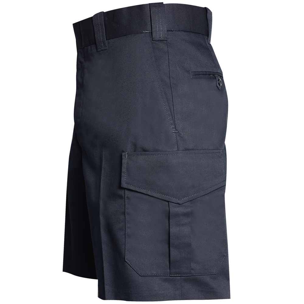 Close-up product shot of dark-navy cargo pants showcasing a spacious cargo pocket, a buttoned back pocket, and a detailed waistband