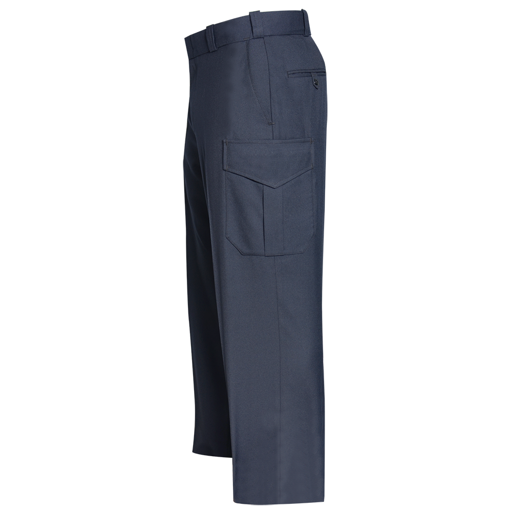 Product shot showing dark navy blue uniform pants with a prominent cargo pocket and a back pocket featuring a subtle button detail and a neatly pressed crease down the leg