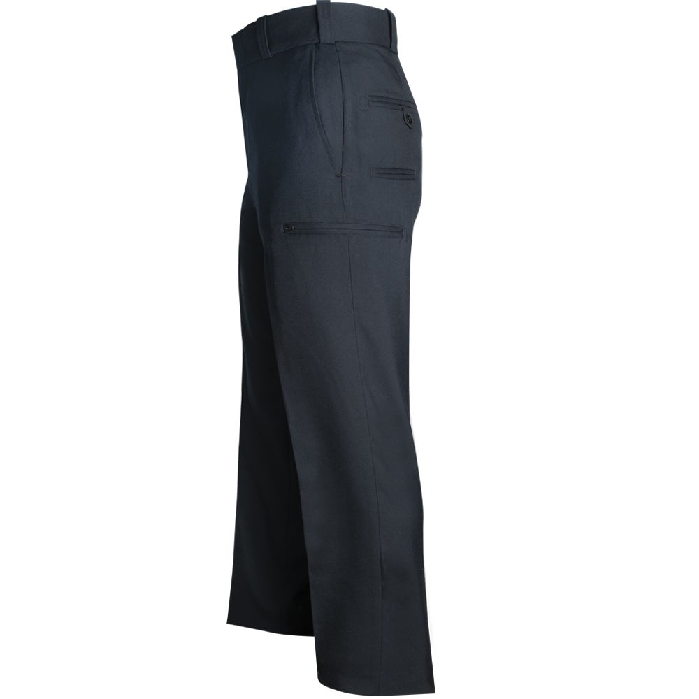 Product shot of dark navy blue women's trousers featuring a zippered side pocket and a buttoned back pocket against a white background