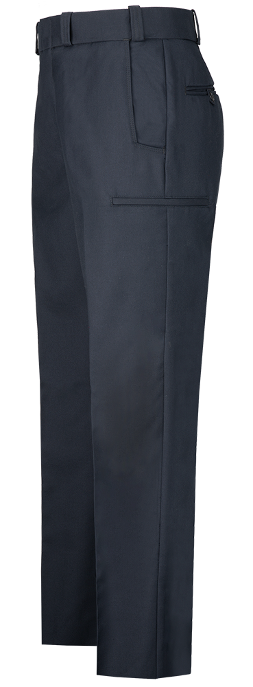 Product shot showing a dark navy pair of men's trousers with a zippered pocket and a neatly pressed crease featuring a waistband and side pockets