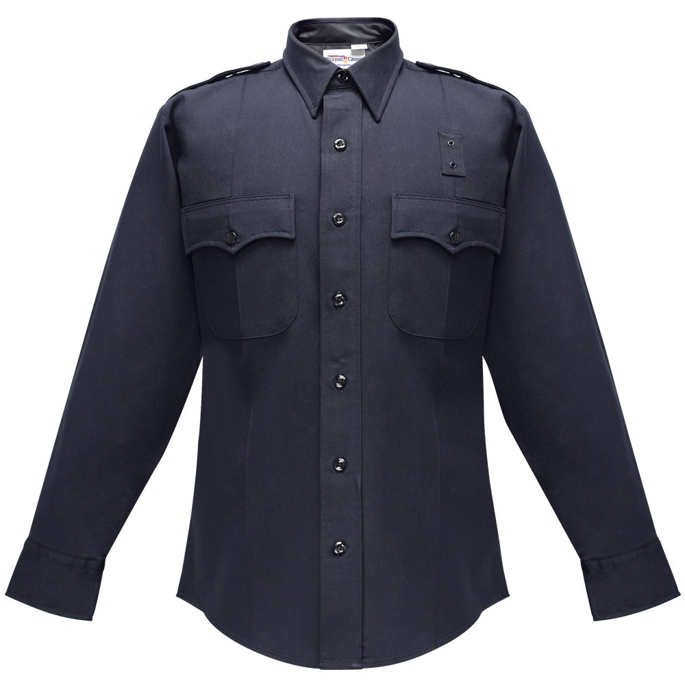 Product shot of a dark navy blue long-sleeved uniform shirt with epaulets, two breast pockets, and black buttons showing its details against a white background