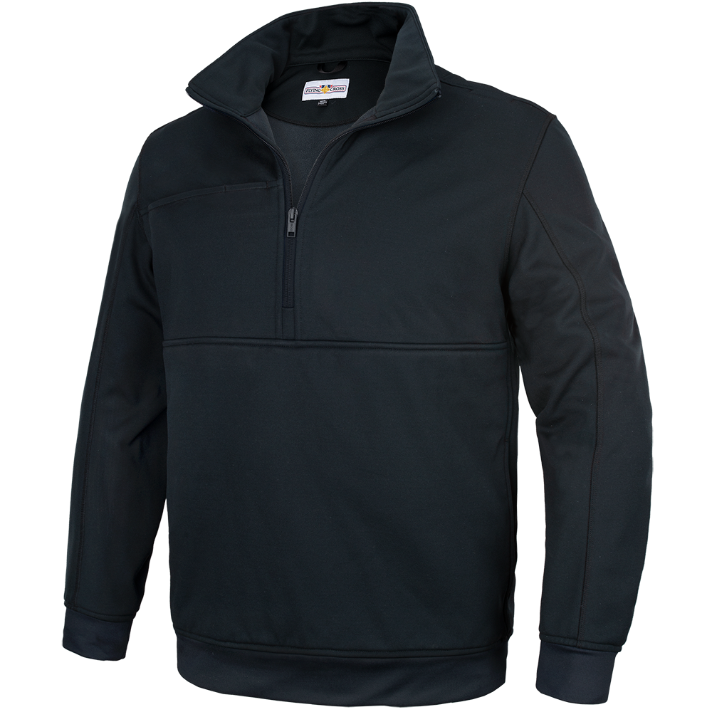 Product shot of a Flying Cross brand black soft shell jacket featuring a half zip and contrasting stitching details
