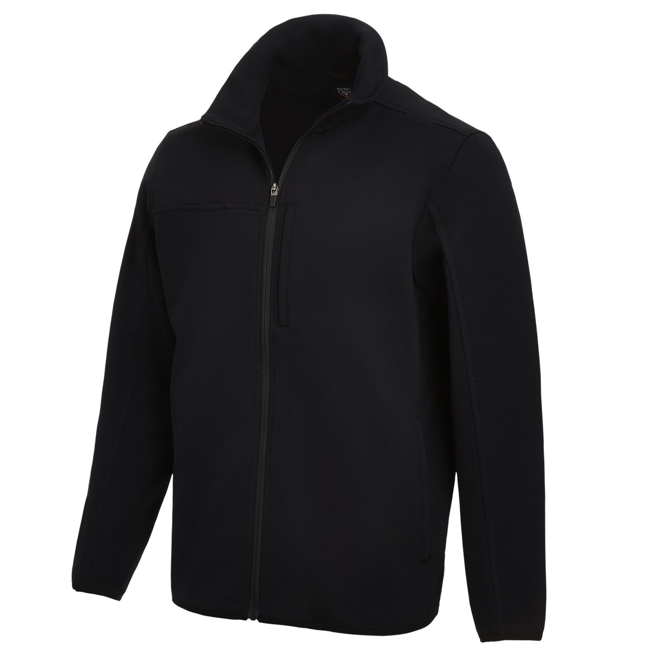 Product shot of a black Flying Cross zip-front jacket featuring a stand-up collar, two zippered pockets and subtle stitching details