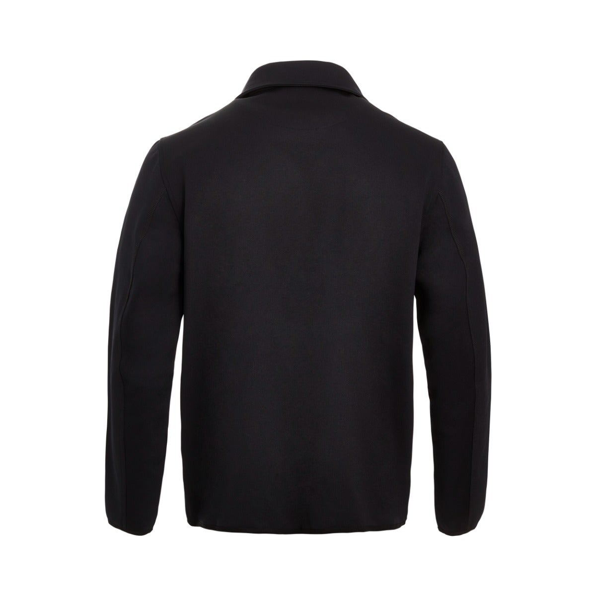 Product shot of a black long-sleeved jacket showcasing its simple, tailored design with a collared neckline and subtle seaming details on the sleeves and back