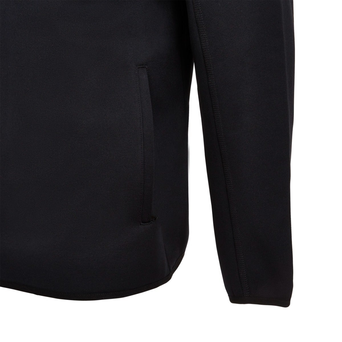 Close-up of a black Adidas fleece jacket showing a zippered pocket, ribbed cuffs, and subtle stitching details