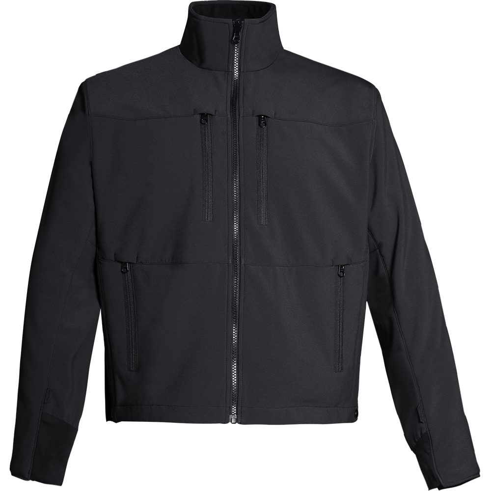 Product shot of a black softshell jacket featuring a full zip closure, multiple zippered pockets and ribbed cuffs
