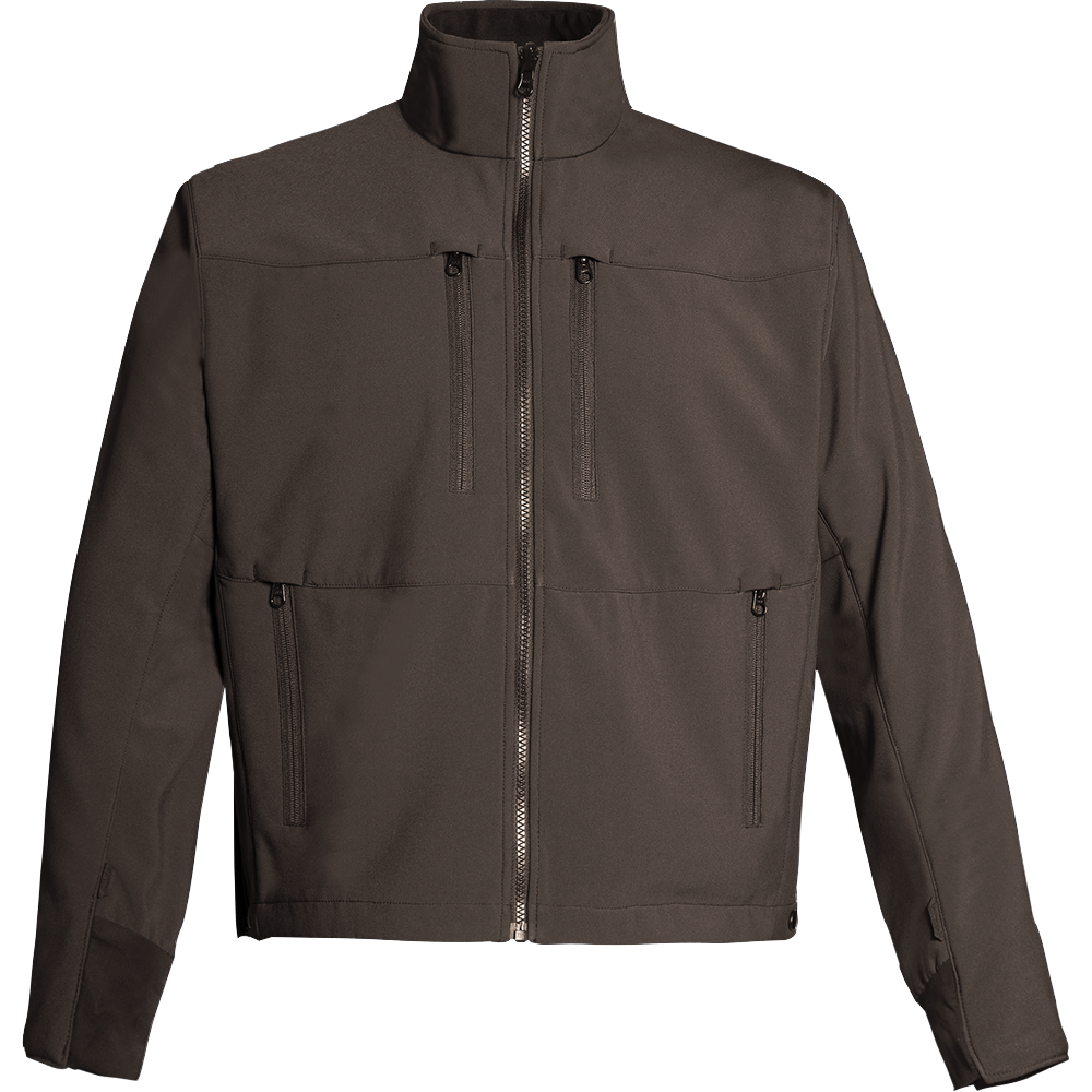 Product shot of a dark brown softshell jacket with multiple zippered pockets and ribbed cuffs showcasing a modern design