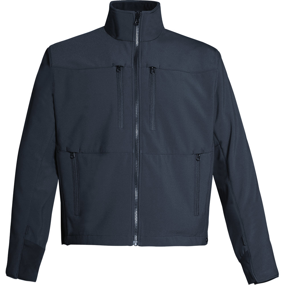 Product shot of a dark navy blue softshell jacket featuring a full zip closure, multiple zippered pockets, and ribbed cuffs.