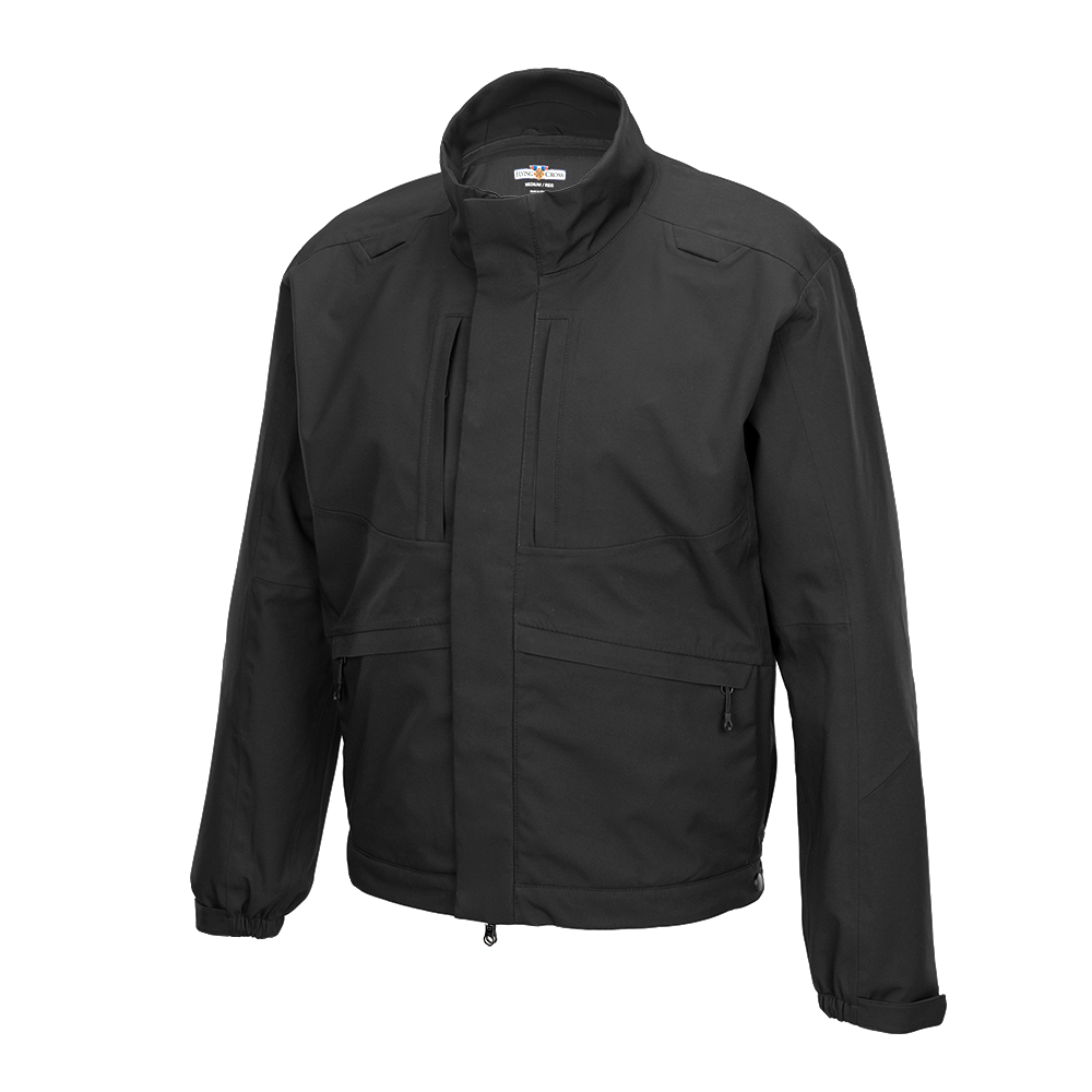 Product shot of a black 5.11 Tactical Men's SoftShell Jacket featuring a high collar, zippered pockets, and adjustable cuffs showing subtle stitching detail