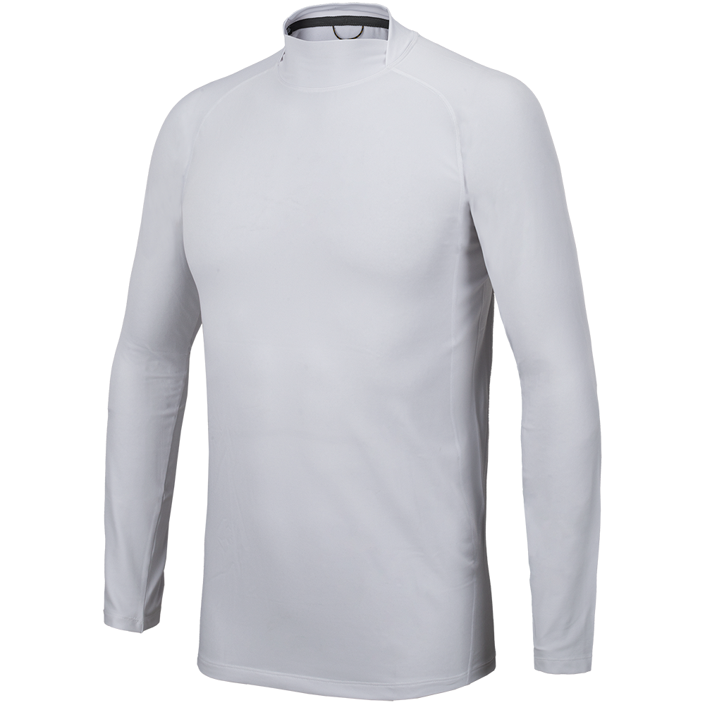 Product shot of a white long-sleeve athletic shirt with a mock neck and subtle gray accents on the collar and seams showing a form-fitting design ideal for sports or active wear