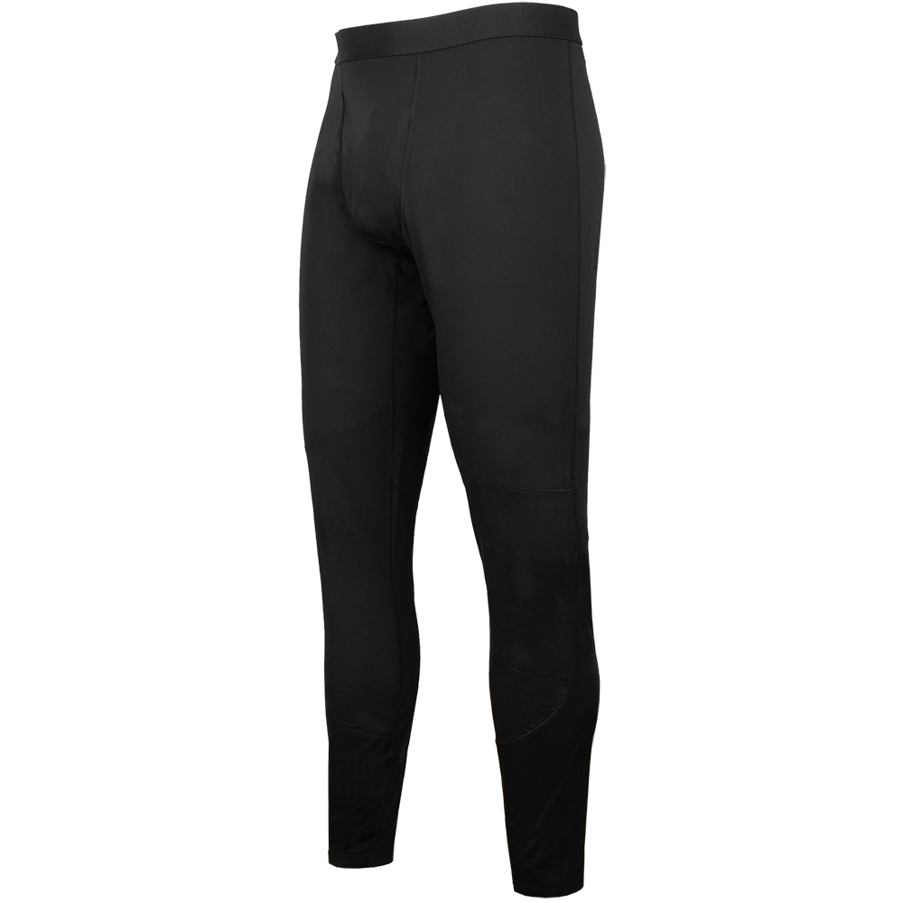 Product shot of black men's thermal underwear leggings showing textured knee panels and a contoured waistband