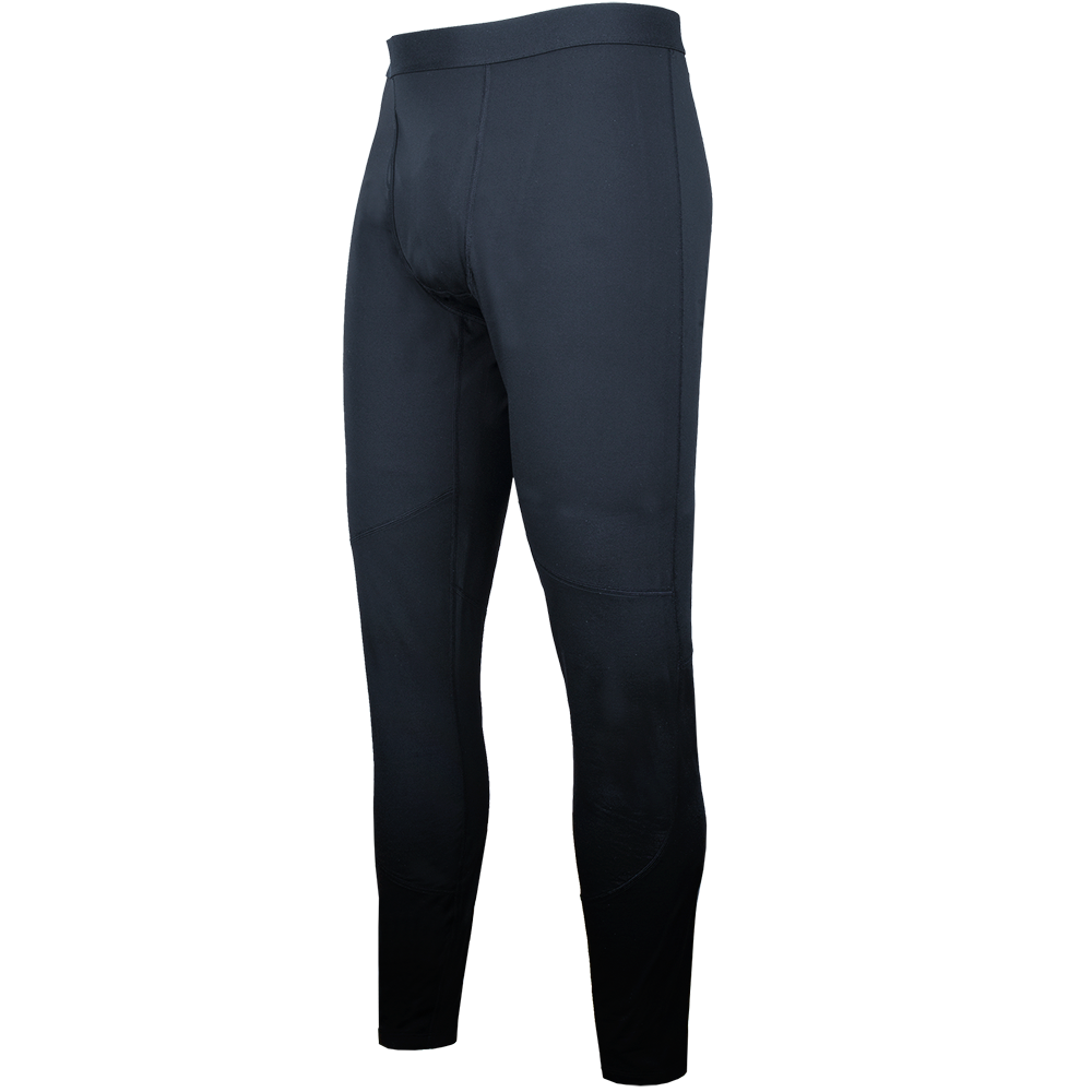 Product shot of black men's thermal leggings featuring a form-fitting design and subtle textured panels for added warmth and comfort showing a flatlay style against a white background